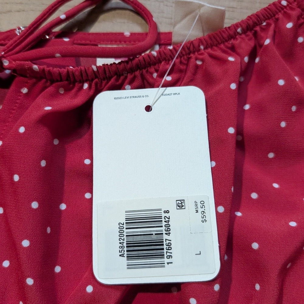 Levi's Polka Dot Mini SunDress Puff Sleeve Tie Front‎ Red country western Size L - Picture 2 of 6